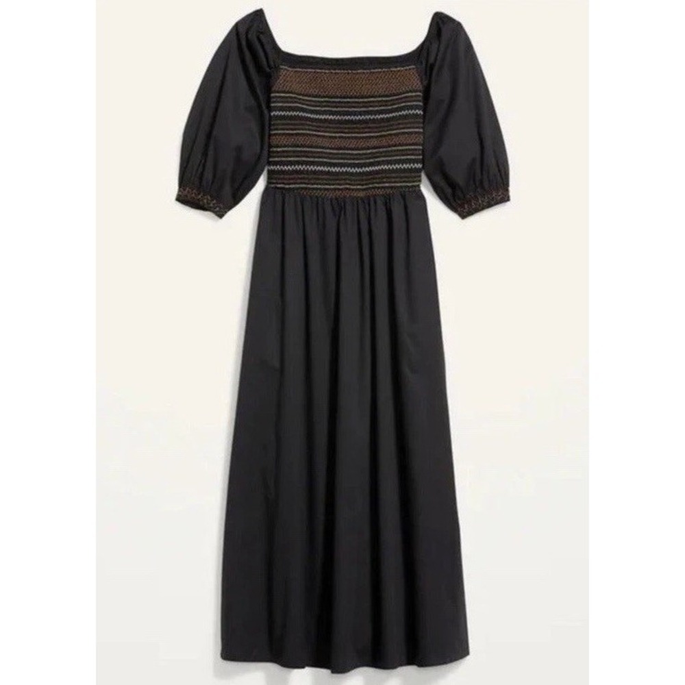 Milkmaid Black Maxi Dress L Smocked Embroidered Cottagecore Peasant Puff Sleeve - Picture 4 of 16